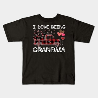 I Love Being Grandma Red Plaid Truck Hearts Valentine's Day Kids T-Shirt